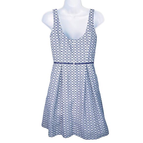Shoshanna Fit & Flare Mini Dress Embroidered Blue on White Lattice Geo - Picture 4 of 9